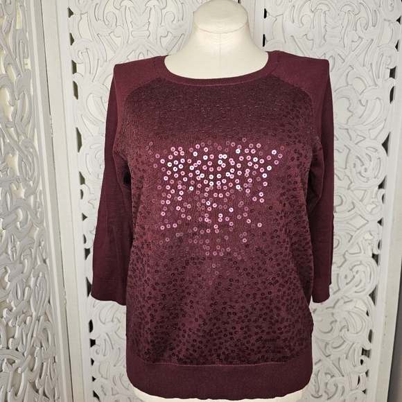 LOFT Burgundy Sequin Front Cotton Sweater Women’s Size L - Picture 2 of 11